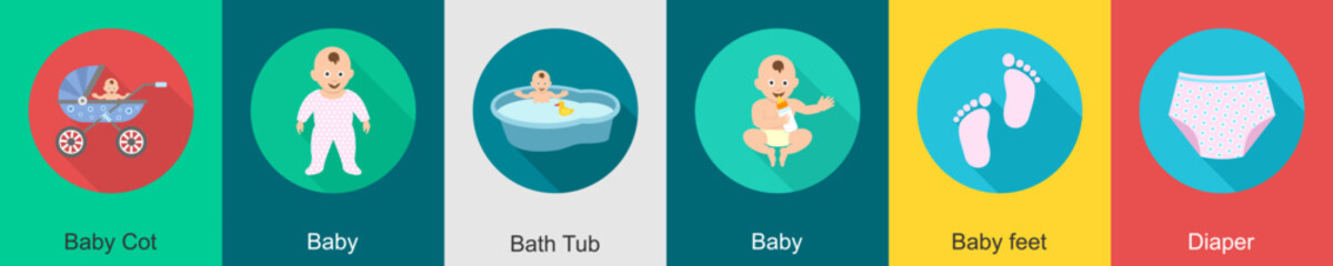A set of 6 Baby icons as baby cot, baby, bath tub
