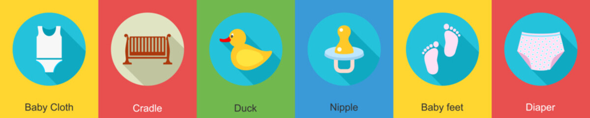 A set of 6 Baby icons as baby cloth, cradle, duck