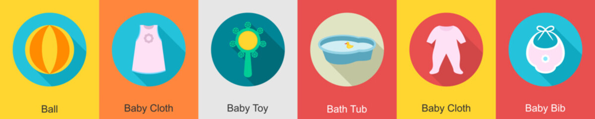 A set of 6 Baby icons as ball, baby cloth, baby toy
