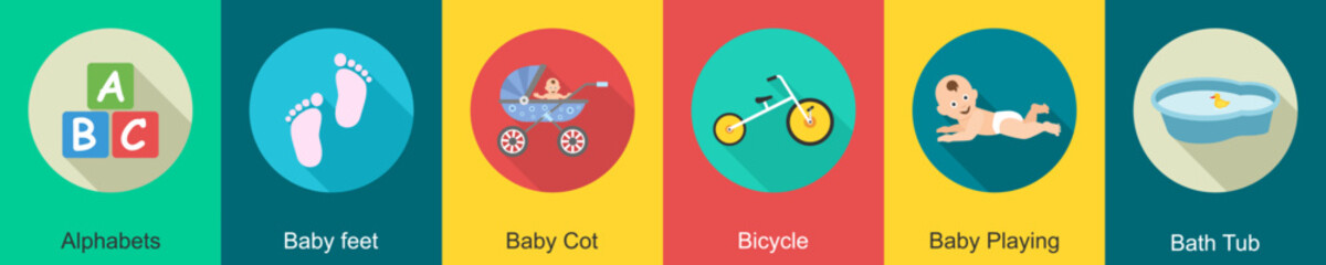 A set of 6 Baby icons as alphabets, baby feet, baby cot