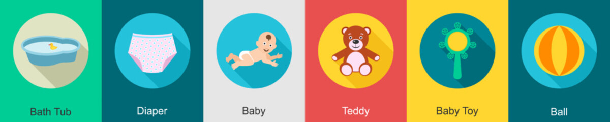 A set of 6 Baby icons as bath tub, diaper, baby