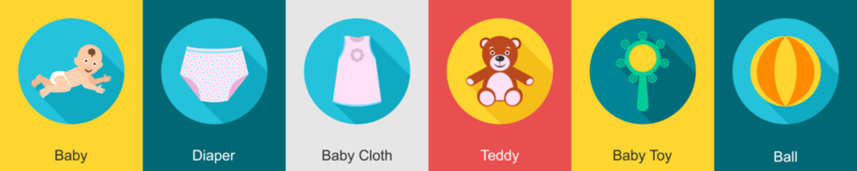 A set of 6 Baby icons as baby, diaper, baby cloth