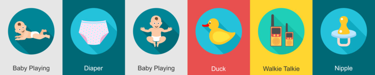 A set of 6 Baby icons as baby playing, diaper, duck