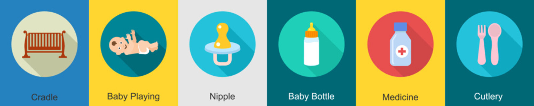 A set of 6 Baby icons as cradle, baby playing, nipple