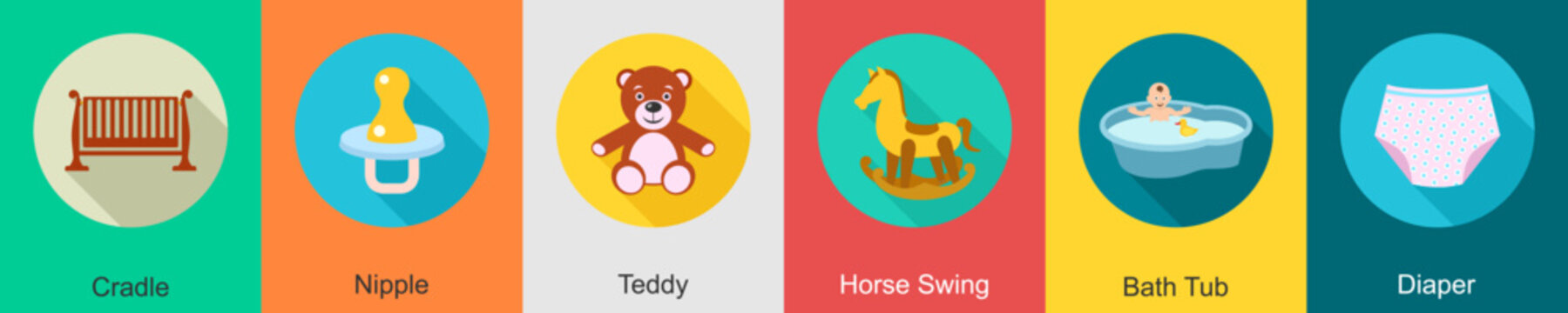 A set of 6 Baby icons as cradle, nipple, teddy
