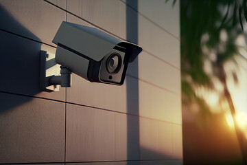 Fototapeta na wymiar Surveillance camera on the facade of the building, public safety of the urban environment, technologies for surveillance. Generative AI
