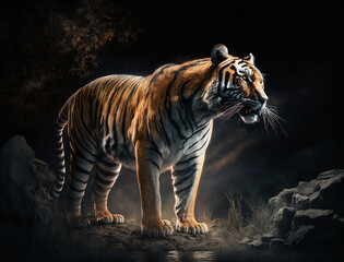 tiger in the wild enjoys nature, black sky, night hunt, Safe Atmosphere, HQ landscape, photorealistic, ultra photoreal, ultra-detailed, cinematic lighting, blur, 4K, Animal Wallpaper, AI