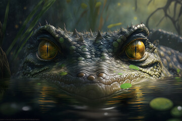 the mighty crocodile the beast of the lake with its eyes waiting for its prey the great crocodile of the lake - obrazy, fototapety, plakaty
