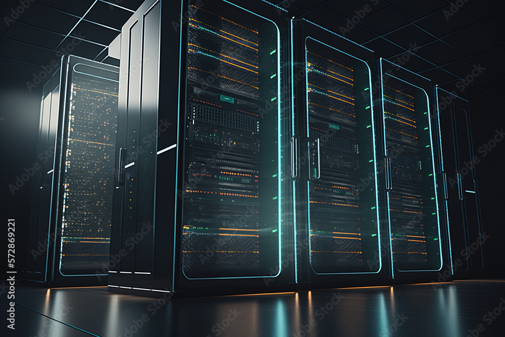 Poster computer in the data center. cloud computing service on a large server farm. cyber ​​security at nig