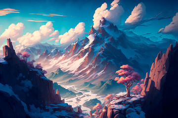 Fantasy world, view from above, panorama view over giant mountains. Generative AI