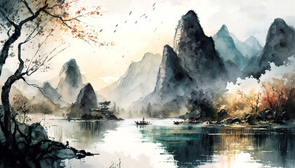 landscape and natural scenery in watercolor style. AI technology generated image，