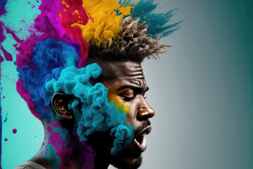 Young African American man with his head exploding in colorful paint powder in concept of midlife crisis and burnout problem . Creative danger design portrait. Peculiar AI generative image.