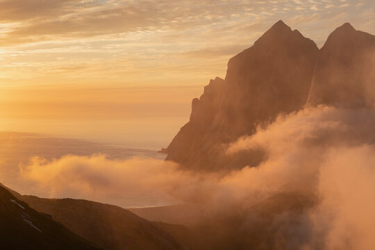 Summer fog conceals Bunes beach at sunset, Moskenes&Atilde;&cedil;y, Lofoten Islands, Norway