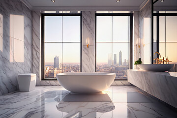 Fototapeta na wymiar A luxurious bathroom with marble floors, a freestanding tub, and a stunning view of the city. Luxurious apartment background with contemporary design. Modern interior design. Generative AI