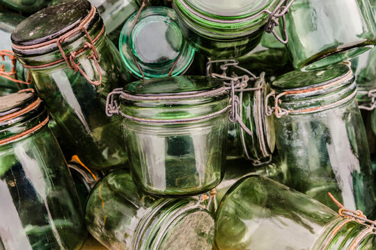 Empty Green Glass Preserve Jars, Windsor, California, USA