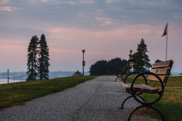 Park bench at sunrise