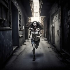 Fototapeta na wymiar Zombie female running in alley created with AI