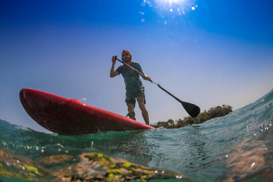 Sup surfing in tropical water.