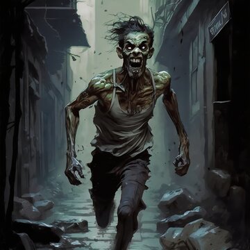 Zombie male running in alley created with AI