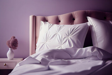 A minimalist bedroom bed with white clean linens, comfy pillows and quilt on a purple delicate background of lilac walls, a copy place. Generative AI