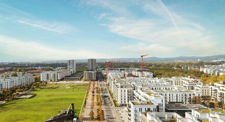 Aerial view of residential buildings in the new district Europaviertel in Frankfurt, Germany