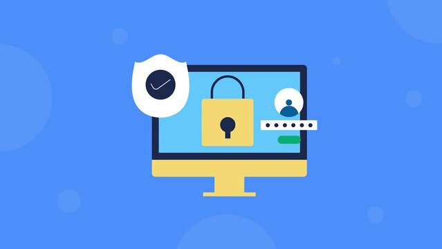 Cyber security secure internet access with password authentication, shield and lock on pc screen online data protection cartoon video concept.
