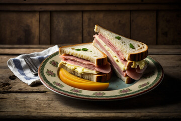Illustration of a cheese and ham sandwich perfect for food-related projects. Ai generated.