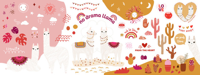 Collection of decorative design elements in trendy doodle style of llama, cactus, plants, symbols. Hand-drawn modern illustration. © ykim9956