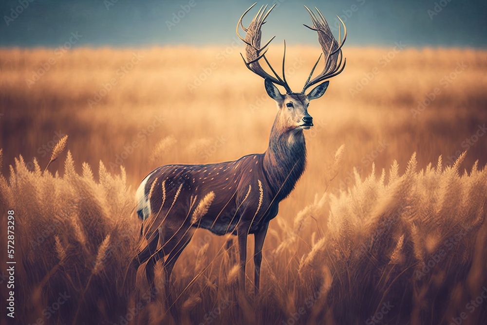 Poster standing deer in a field of withered grass generative ai