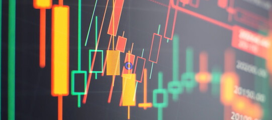 Stock market trade indicator financial for investment strategy. Financial trading graphs on monitor. Background with currency bars and candles