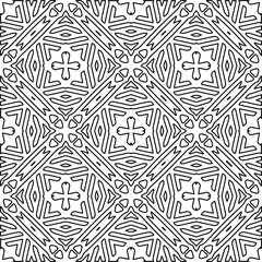 Monochrome ornamental texture with smooth linear shapes, zigzag lines, lace pattern.Abstract geometric black and white pattern for web page, textures, card, poster, fabric, textile.