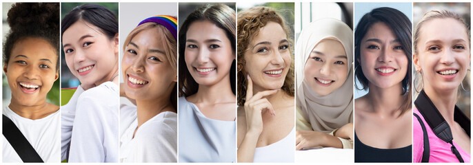 Collage of diverse and inclusive women from around the world, concept of international women’s day, world women with diversity and inclusivity, ethnicity and religion tolerance, women right awareness