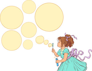 A little girl in a blue dress makes soap bubbles. There were several offers, services, promotions. Business for children. Pop Art Retro On a white background