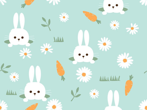 Seamless pattern with rabbit bunny cartoons, carrots, tree branches on green grass background vector illustration. Cute childish print.