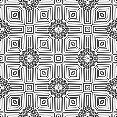 Fototapeta premium Monochrome ornamental texture with smooth linear shapes, zigzag lines, lace pattern.Abstract geometric black and white pattern for web page, textures, card, poster, fabric, textile.