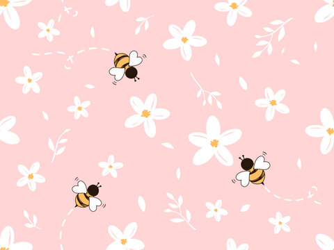 Seamless pattern with daisy flower and bee cartoons on pink background vector. Cute floral print.