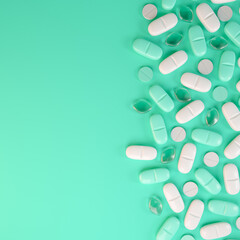 3d rendering of some green and white tablets, pills - Medicine on green background.