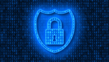 Illustation - Protect sign in light blue and in the background in dark blue a coding of binary code. - abstract background