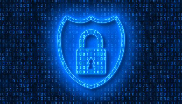 Illustation - Protect sign in light blue and in the background in dark blue a coding of binary code. - abstract background