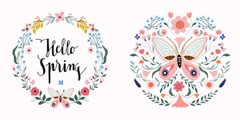 Hello Spring butterfly set with greeting cards for different celebration, floral wreath, seasonal elements, flowers and plants, vector design