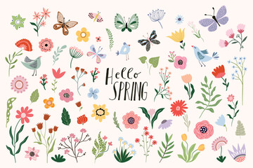 Hello Spring big collection with a variety of plants, flowers in bloom, butterflies, leaves and birds, seasonal design  - obrazy, fototapety, plakaty