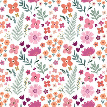 Floral seamless pattern, background, wallpaper, spring and summer design, flowers in bloom and plants