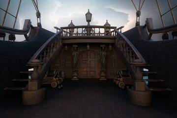 Naklejka premium Deck of an old wooden pirate ship with door to cabin and steps leading to the ships wheel. 3D illustration.