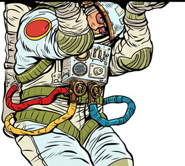 male astronaut holding cargo. atlas antique sculpture, caryatid