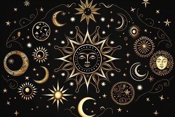 Drawing of golden stars, moon, planets, constellations on black isolated background, mystical drawing to tarot cards, fantasy magic space. Generative AI - obrazy, fototapety, plakaty