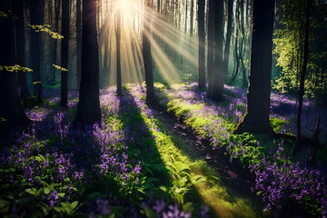 photos Beautiful forest in spring with bright sun shining through the trees photography made with Generative AI