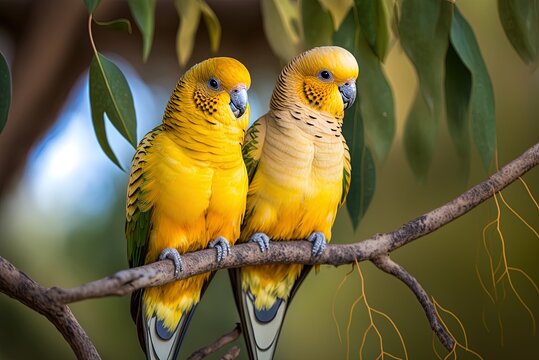 Photographic detail of a pair of golden parakeets perched on a tree Generative AI