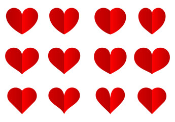 Red hearts set vector, Valentine's day rose pink and red gradient hearts set isolated on white background. Vector illustration. Paper origami pastel love symbol. Valentin icons
