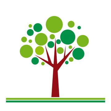 An abstract tree with green round leaves. Spring and organic farming concept. Vector logo