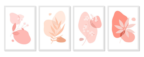 Flower for Spring season wall art vector set. Foliage line art drawing with abstract shape. Abstract Plant Art design for print, cover, wallpaper, Minimal and natural wall art. Vector illustration.